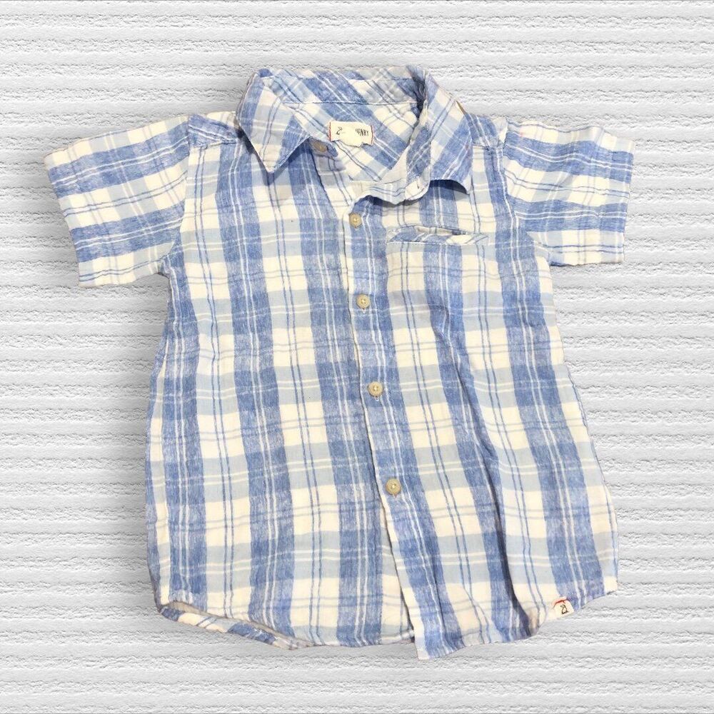 Me & Henry 7-8 Newport Blue/White Checked Plaid Button Up Polo Shirt